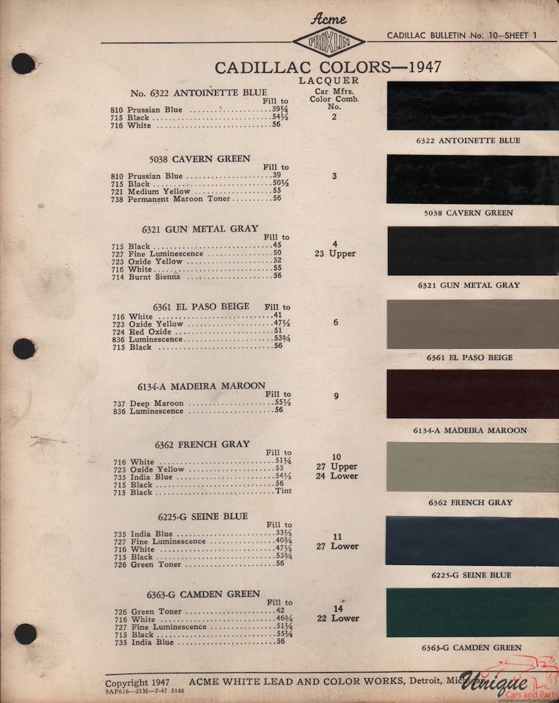 1947 Cadillac Paint Charts Acme 1